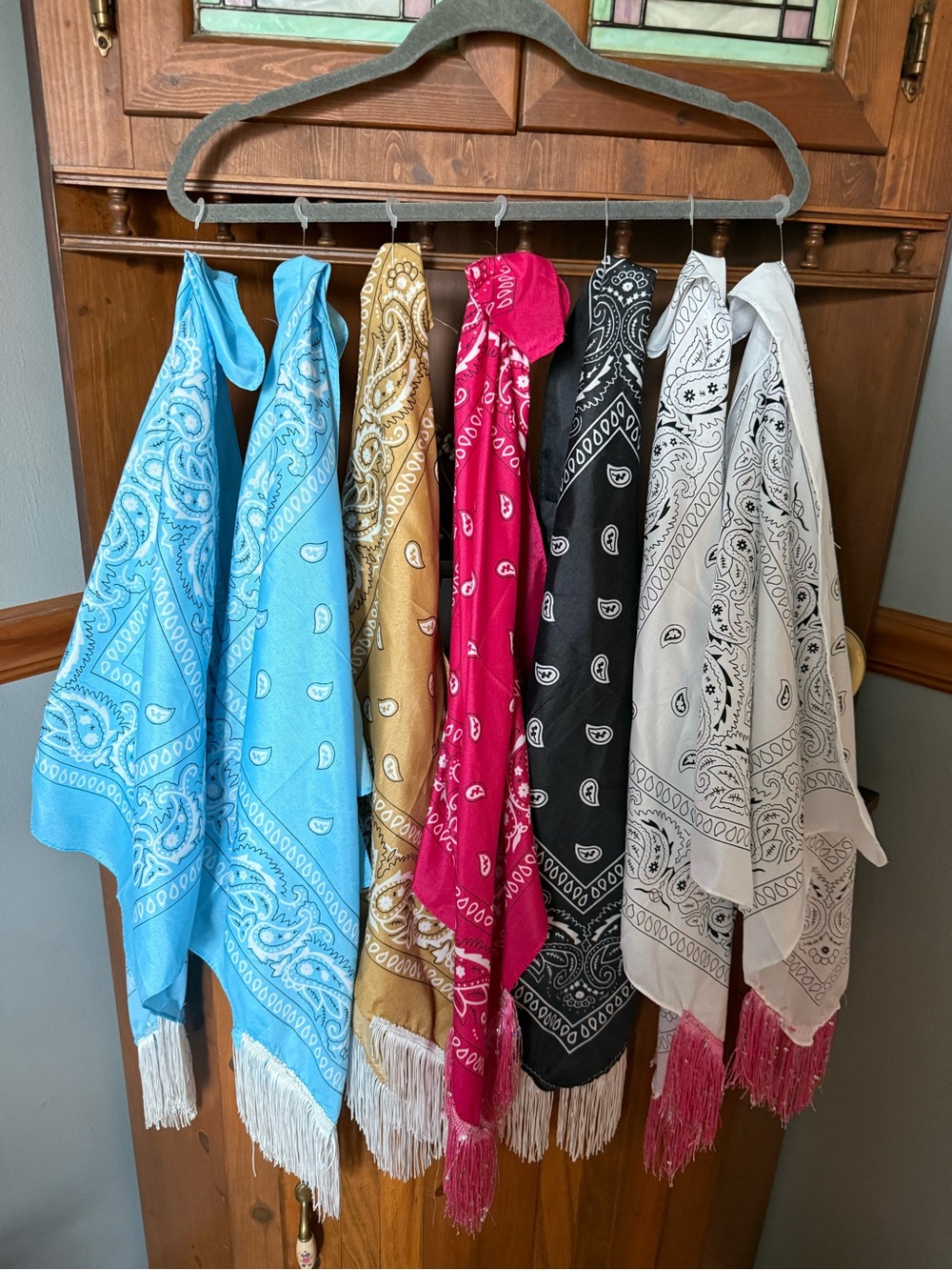 Lot of 7 western style paisley print cotton bandanna scarfs with tassels